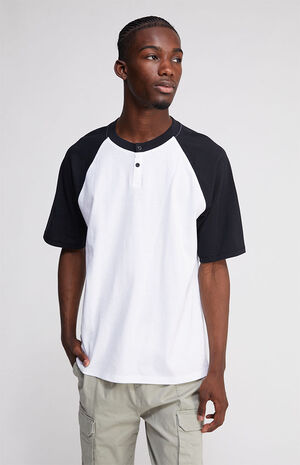 White & Black Boxy Raglan Henley T-Shirt