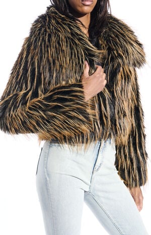 Saoirse Brown & Black Cropped Faux Fur Jacket image number 4