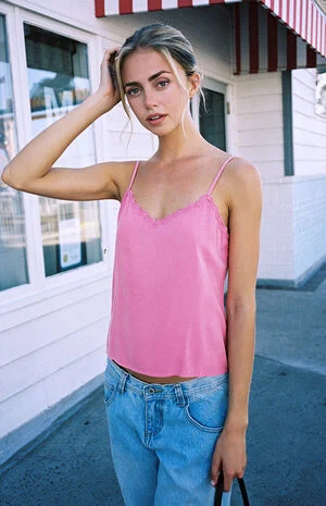 Pink Satin Lace Tank Top image number 1