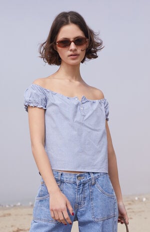 Blue & White Gingham Clarisse Off-The-Shoulder Top image number 1