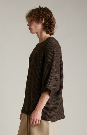 Brown Heavy Waffle Knit Short Sleeve Sweater image number 3
