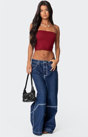 Super Wide Contrast Stitch Low Rise Jeans image number 1