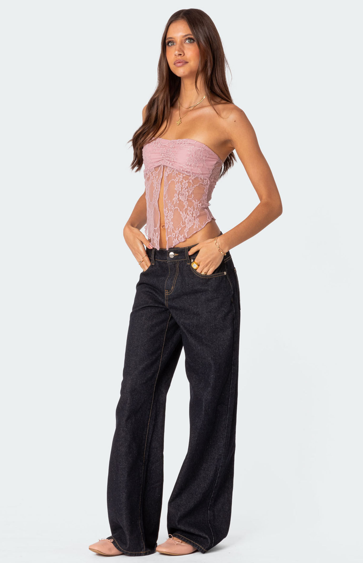 Edikted Twilight Sheer Lace Split Front Top | PacSun