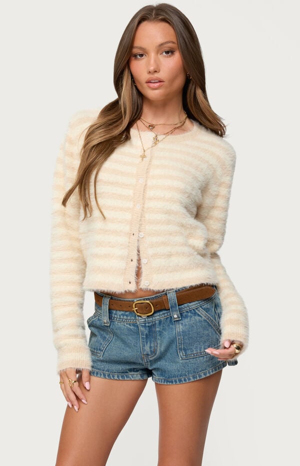 Edikted Aria Striped Fuzzy Knit Cardigan
