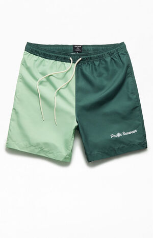 Recycled Blocked Green 17" Swim Trunks image number 1