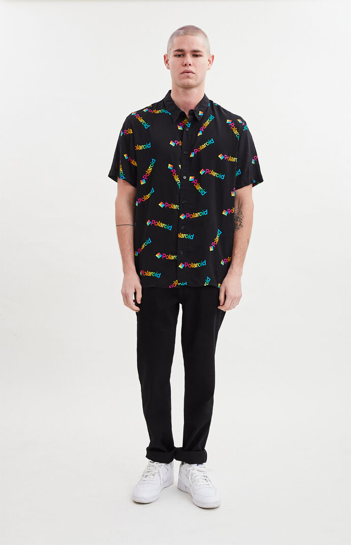 Polaroid Print Short Sleeve Button Up Shirt