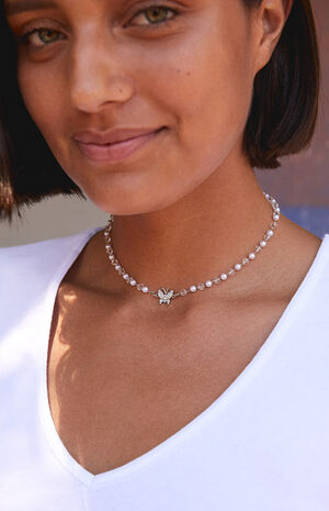Silver Pearl Butterfly Choker Necklace image number 1