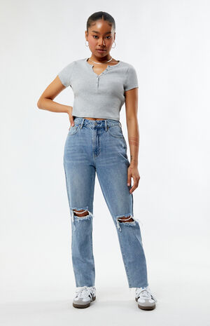Eco Medium Indigo Ripped Mom Jeans image number 2
