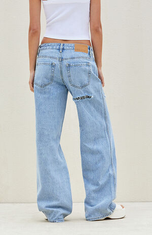 Light Indigo Rhinestone Embellishment Low Rise Baggy Jeans image number 4