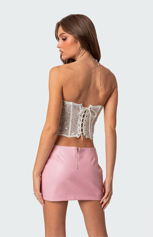 Semi Sheer Sequin Lace Up Corset image number 5