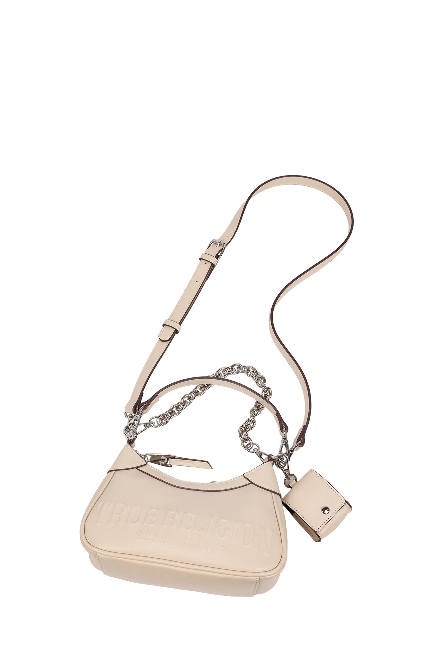 True Religion Cream Trapunto Logo Zip Top Hobo Bag