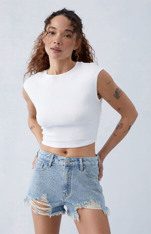 Light Indigo Rhinestone Ripped High Waisted Denim Festival Shorts image number 1