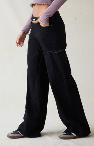 Eco Black Ripped Low Rise Baggy Jeans image number 3