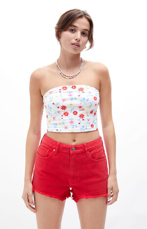 Eco Red High Waisted Denim Festival Shorts image number 1