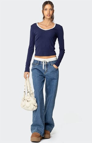 Contrast V Neck Long Sleeve T-Shirt image number 3