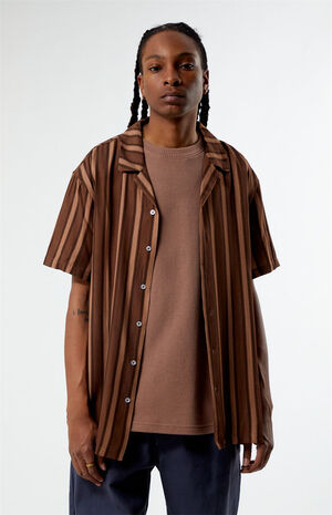 Brown Viscose Stripe Camp Shirt image number 1