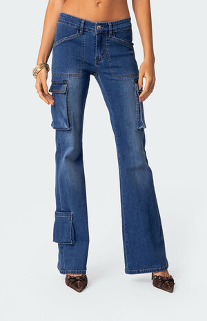 Roslyn Denim Flared Cargo Pants image number 1