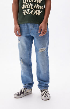 Distressed Medium Blue Straight Leg Jeans image number 1