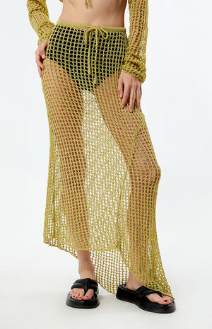 Open Knit Mid Rise Asymmetrical Midi Skirt image number 1