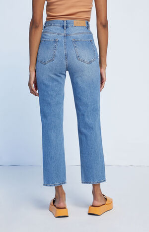 Eco Medium Blue Ripped High Waisted Straight Leg Jeans image number 4
