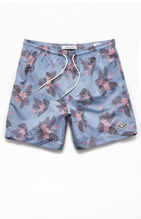 Blue Floral 17" Swim Trunks