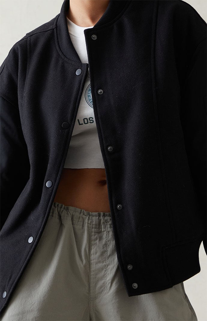 PacSun Black Wool Bomber Varsity Jacket PacSun