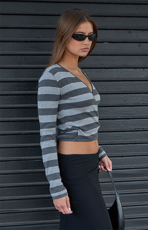 Gray Coco Striped Wrap Sweater Top image number 2