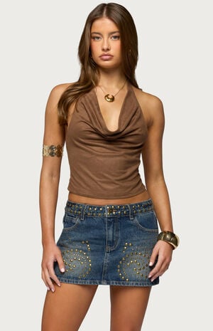 Adeline Faux Suede Cowl Neck Halter Top image number 1
