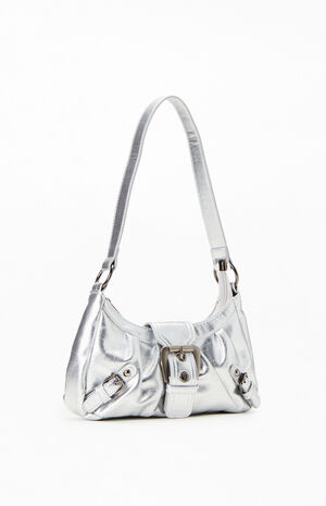 Silver Faux Leather Front Buckle Shoulder Bag image number 2