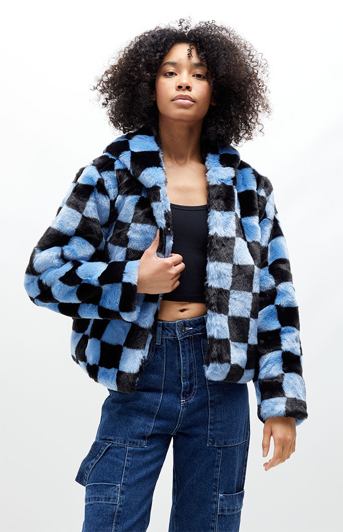 Checkered sale fluffy jacket