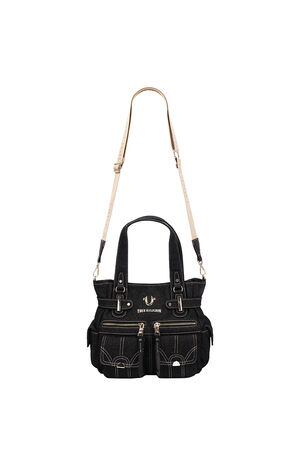 Multi Pocket Black Denim Cinch Tote Bag image number 7