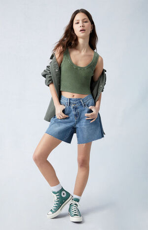 Eco Medium Indigo Asymmetrical High Waisted Relaxed Jorts image number 2