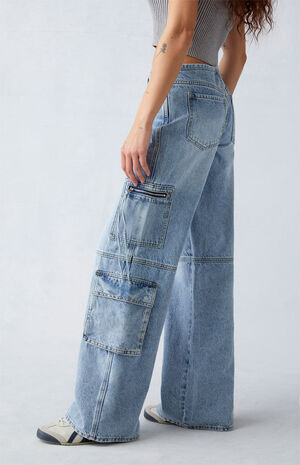 Light Indigo Low Rise Baggy Cargo Jeans image number 4
