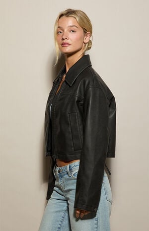 Faux Leather Lace-Up Cropped Jacket image number 4