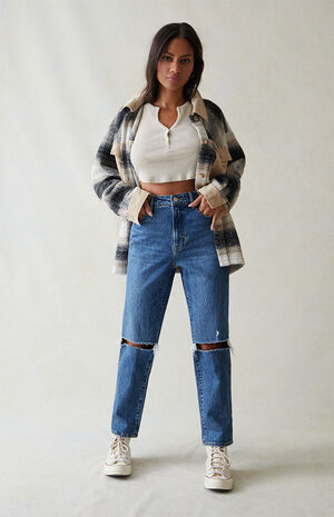 Eco Stretch Dark Blue Ripped Curve Straight Leg Jeans image number 2