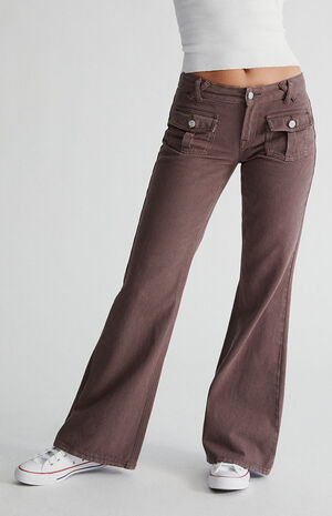 Brown Low Rise Cargo Flare Jeans image number 2