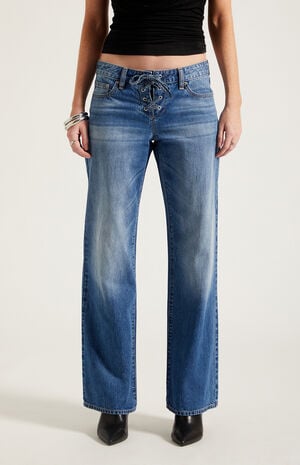 Zoe Low Rise Girlfriend Jeans Lace-Up Medium Blue image number 2