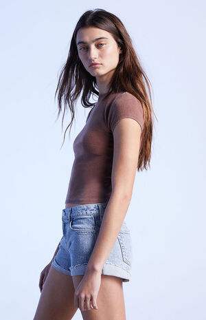 Light Blue Low Rise Rolled Cuff Denim Shorts image number 3