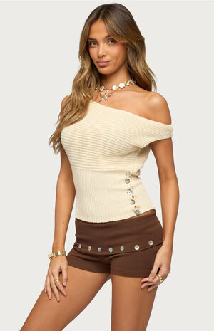 Buttoned Off Shoulder Crochet Top image number 2