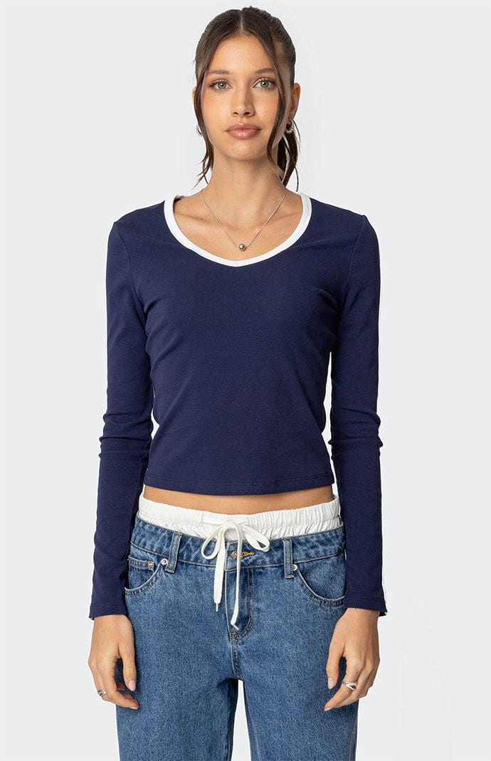 Edikted Contrast V Neck Long Sleeve T-Shirt