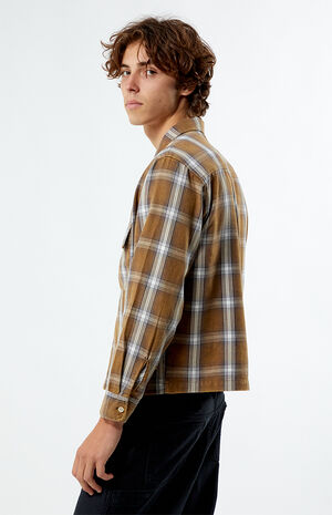 Brown Plaid Washed Cropped Flannel Shirt image number 3