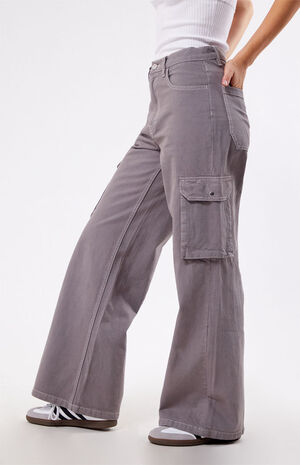 Light Gray High Waisted Wide Leg Cargo Pants image number 3