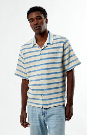 Blue Striped Texture Oversized Resort Camp Shirt