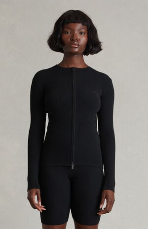 Women's Vintage Black Signature Ribbed Knit Long Sleeve Zip Up Top image number 2