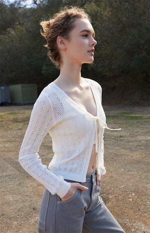White Greta Pointelle Tie Front Top image number 2