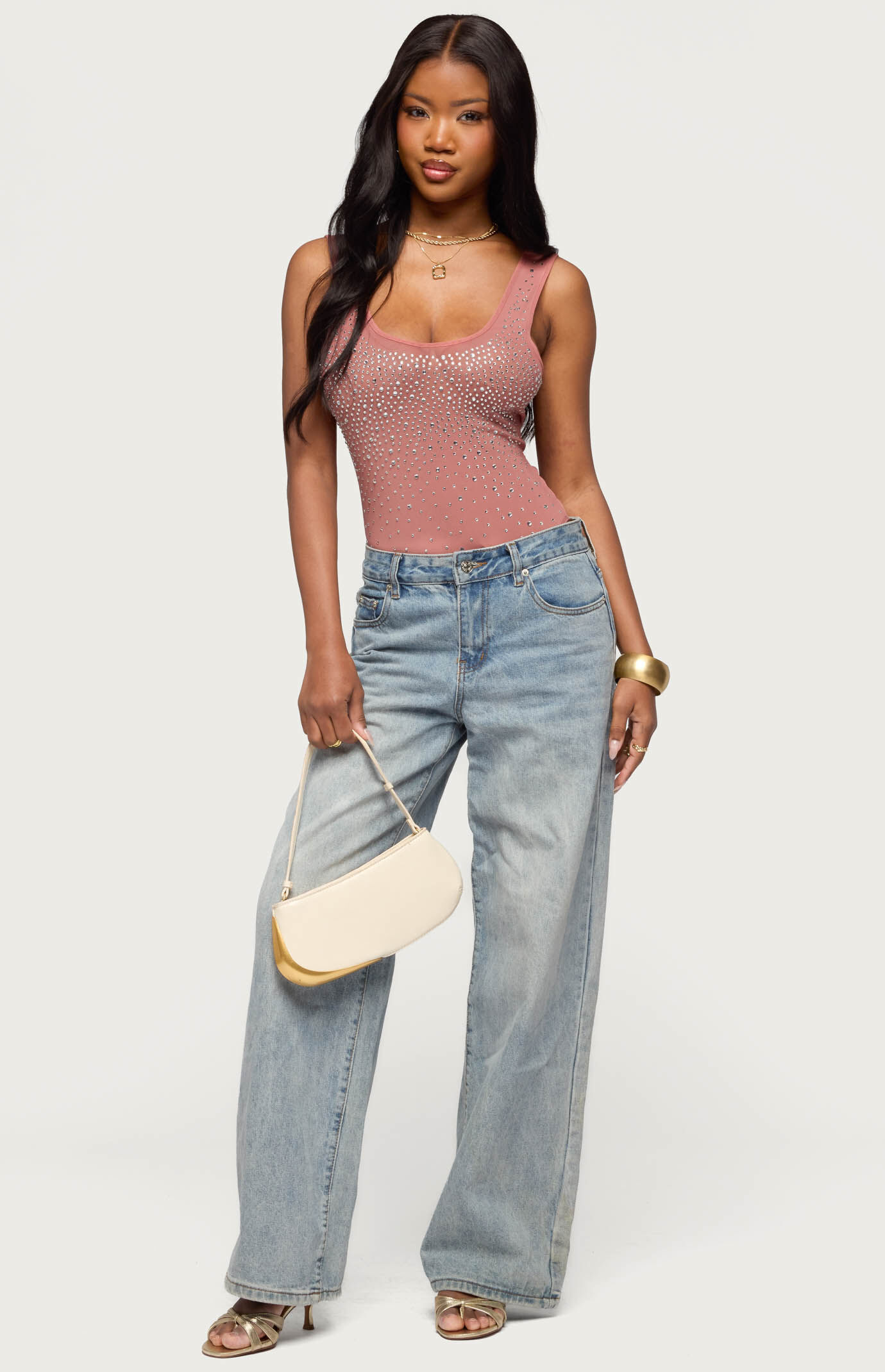 Edikted Angelita Rhinestone Sheer Mesh Bodysuit