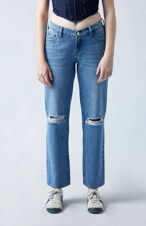 Eco Medium Indigo V-Dip Ripped '90s Straight Leg Jeans image number 2