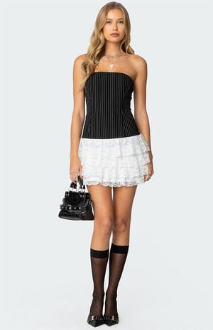 Strapless Pinstripe Ruffle Skirt Mini Dress image number 1