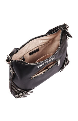 Black Triple Straps Large Faux Leather Hobo Bag image number 6