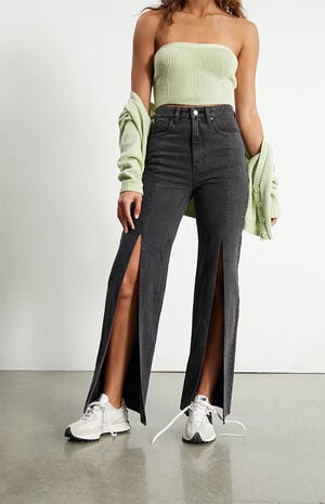Eco Washed Black Slit Boyfriend Jeans image number 3